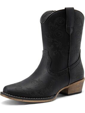 Women's Cowgirl Western Ankle Boots Low Chunky Heels Square Toe Black Booties